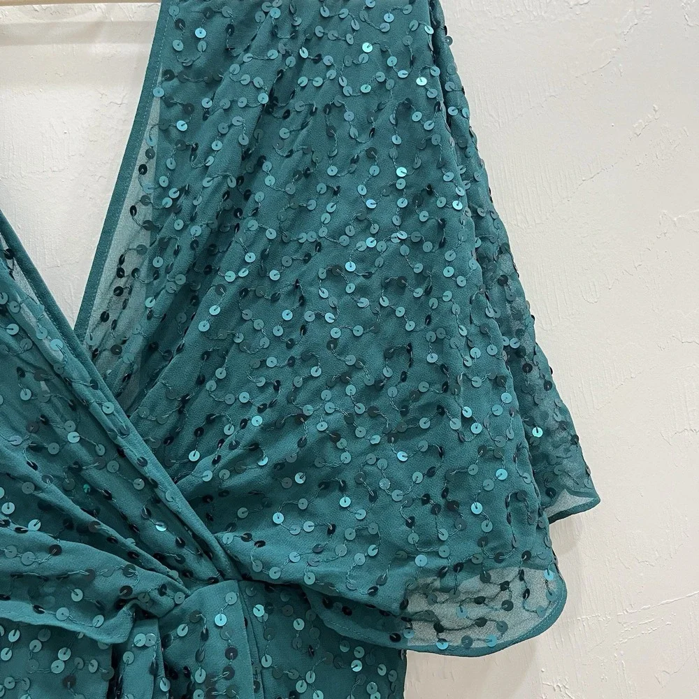 ASOS Sequin Mini Dress Women‎ Size 4 Teal Excellent Deep V-Neck Wrap Cocktail